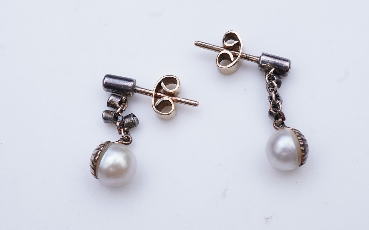 A pair of cultured pearl and diamond earrings, early 20th century and later